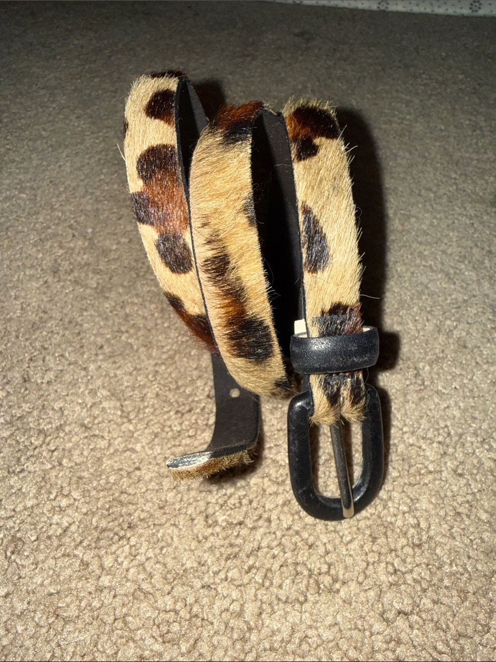 Ann Taylor Leopard Print Faux Fur Skinny Belt with Black Buckle